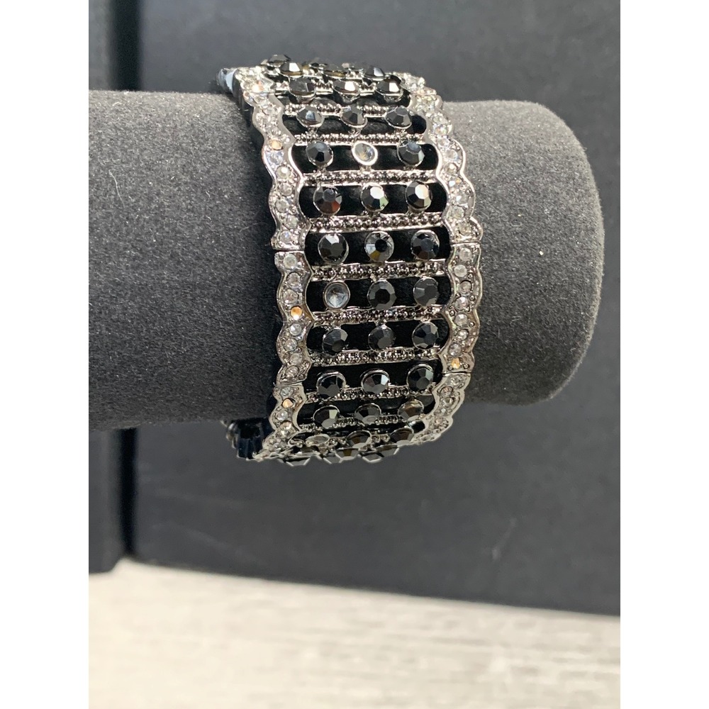 Vintage Gunmetal Black Rhinestone Statement Cuff Bracelet Hinged Wide Scalloped